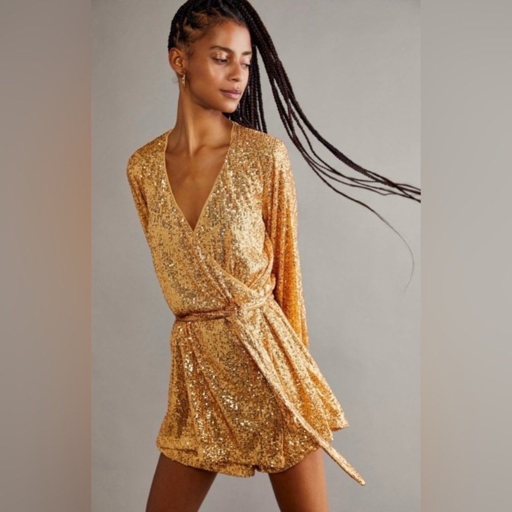 Free People Romper Women’s Small Christa Sequin Gold